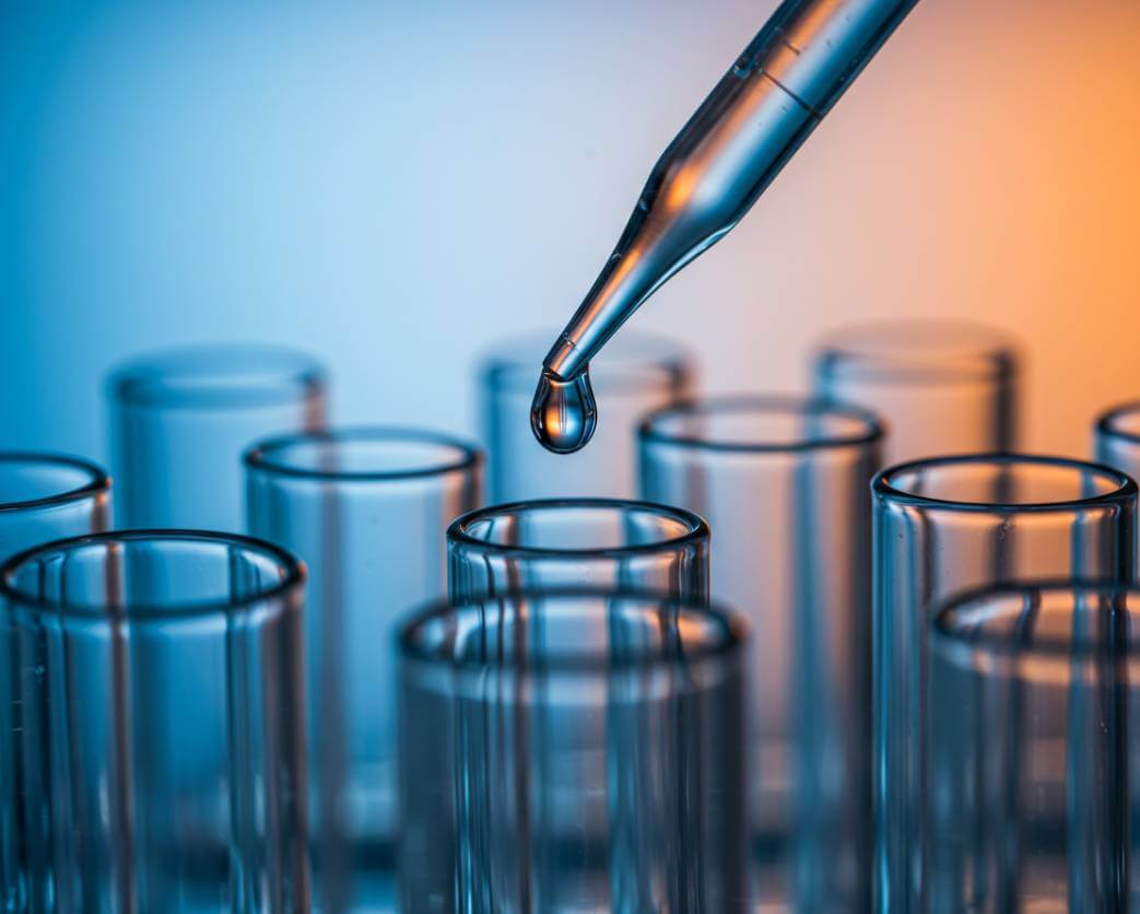 A collection of medical vials having liquid drops carefully dropped into them