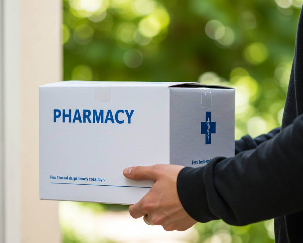 Delivery courier carrying a box that says pharmacy